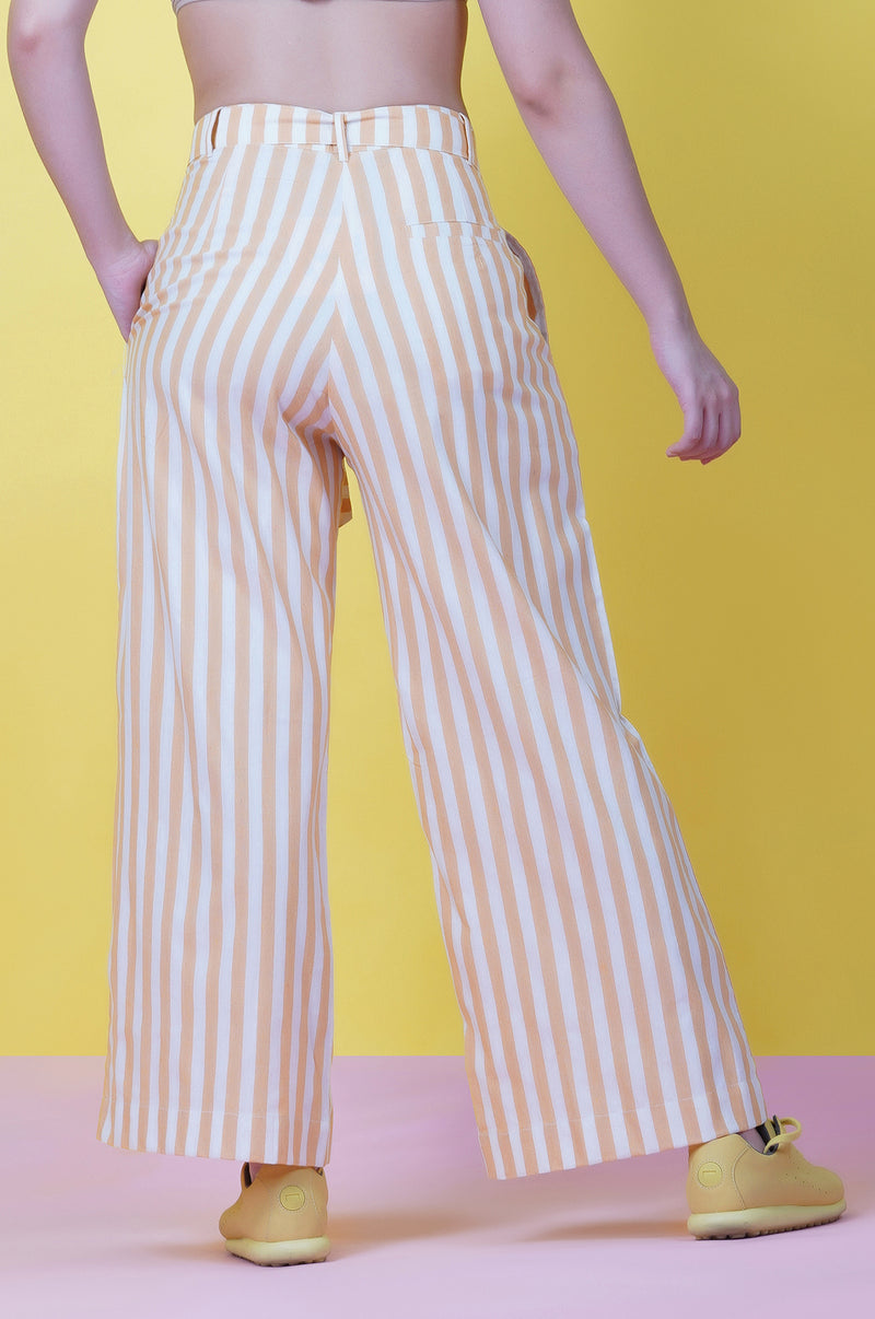 Yellow Stripe Cotton Pants With A Tie Up-Pants-Fabnest