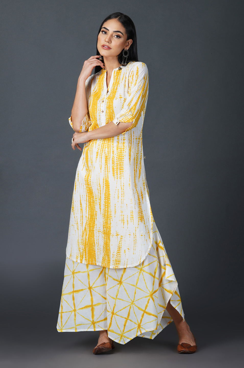 Womens Yellow Shibori Print Straight Kurta With Assymetrical Pants-Full Sets-Fabnest