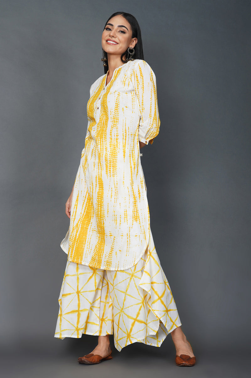 Womens Yellow Shibori Print Straight Kurta With Assymetrical Pants-Full Sets-Fabnest