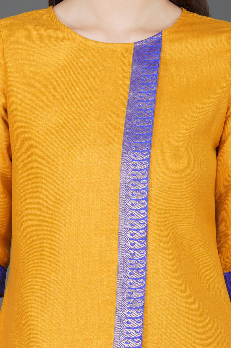 Set of winter mustard yellow overlap panel brocade embellished kurta and brown straight pants-Kurta Set-Fabnest