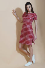 Red multi check cotton shift dress-Dresses-Fabnest