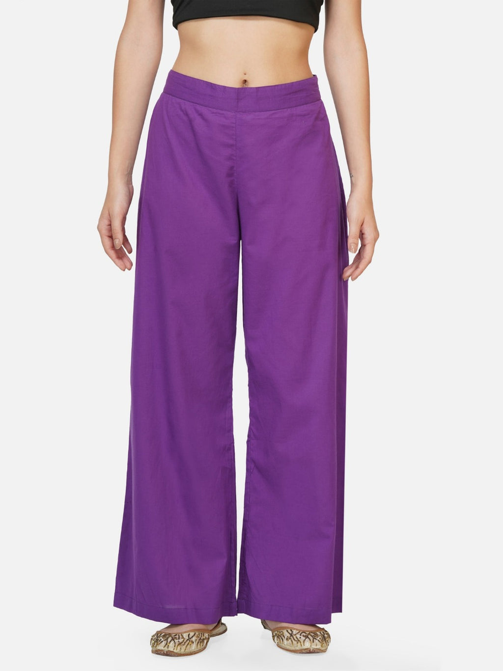 Cotton purple solid straight pants with pockets-Bottoms-Fabnest