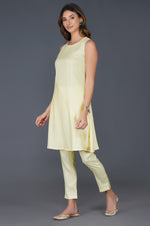Cotton linen lemon yellow lurex sleeveless A-line kurta and coordinated straight pants with pockets-Kurta Set-Fabnest