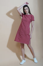 Red multi check cotton shift dress-Dresses-Fabnest