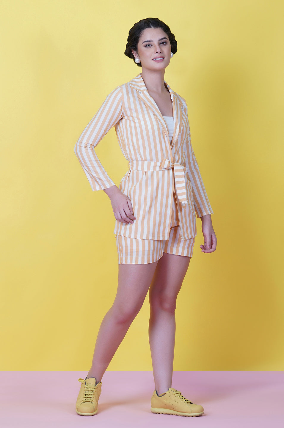 Cotton Yellow Stripe Single Layered Front Open Top With A Belt And Short Co Ord Set-Co-Ords-Fabnest