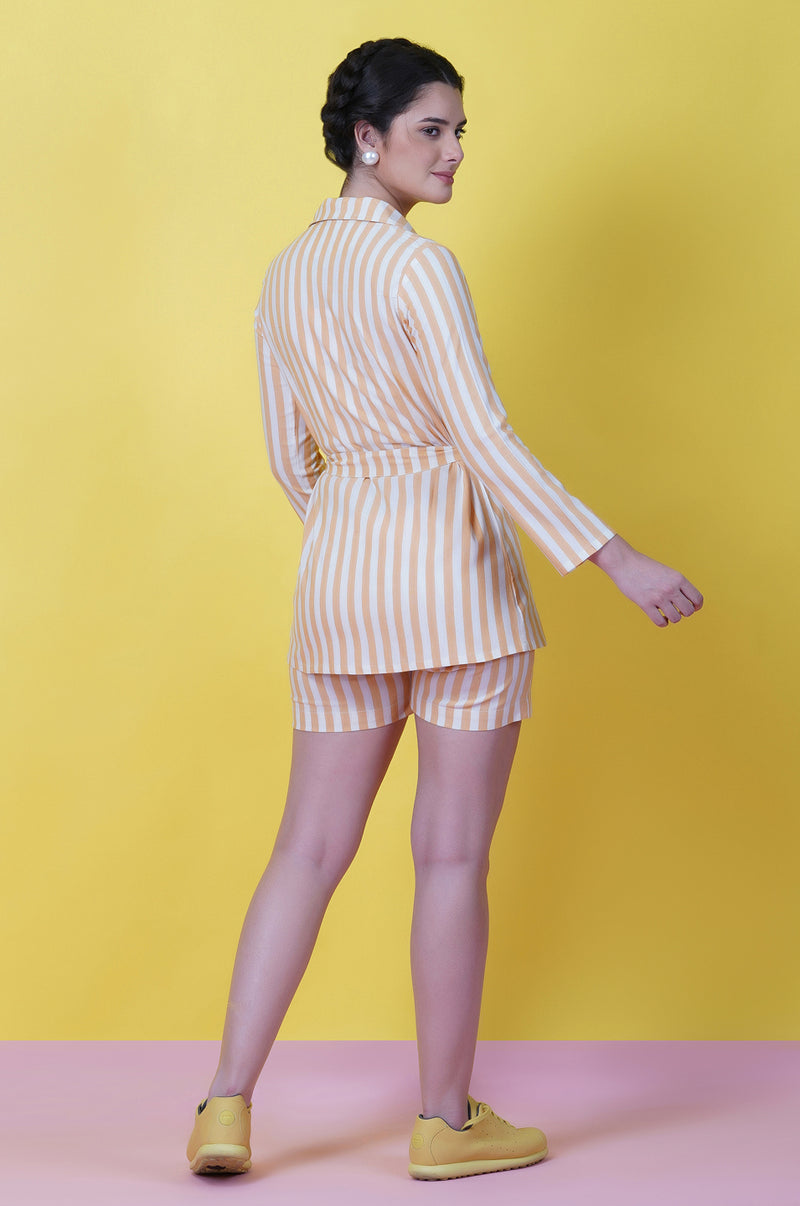 Cotton Yellow Stripe Single Layered Front Open Top With A Belt ONLY-Coat-Fabnest