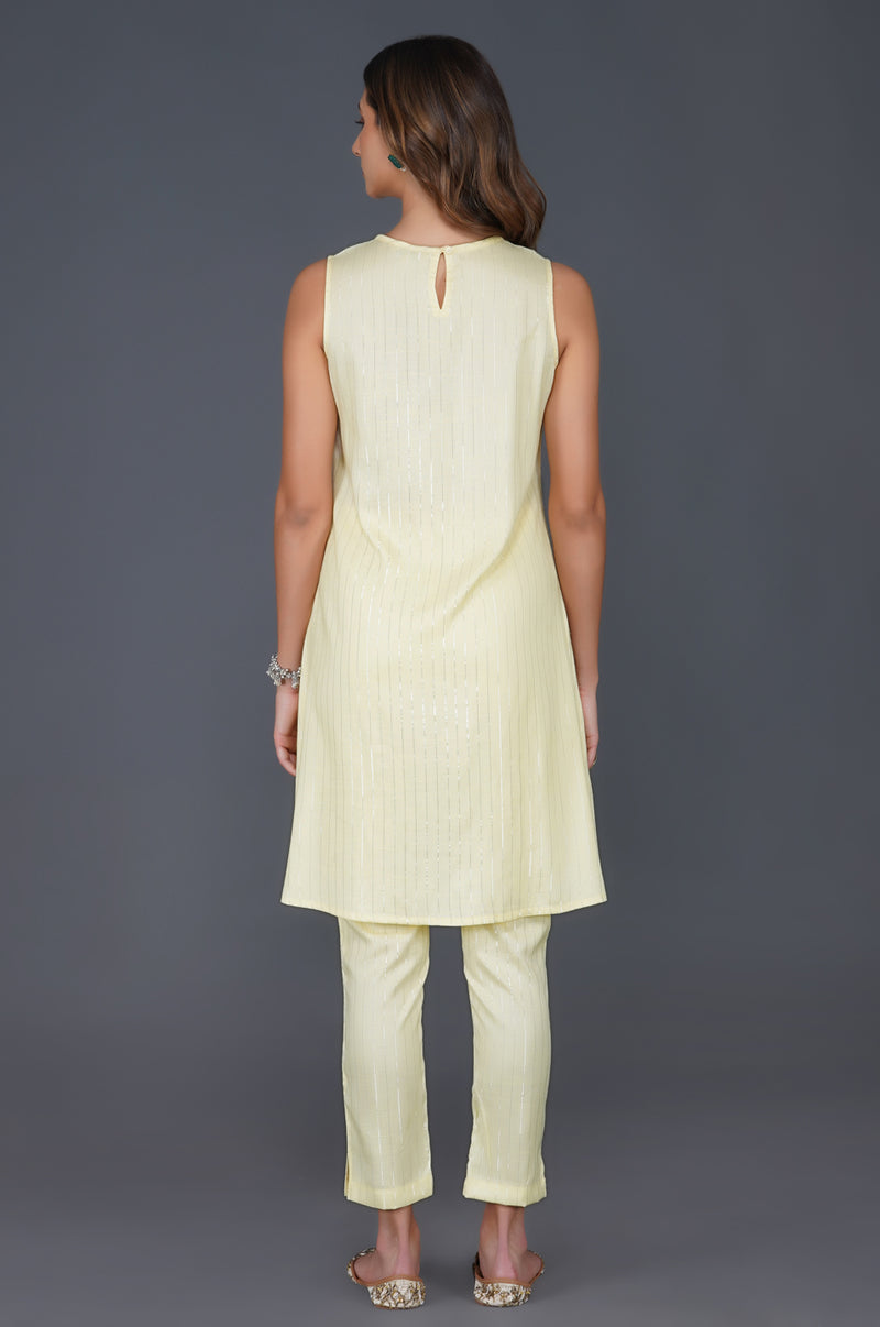 Cotton linen lemon yellow lurex sleeveless A-line kurta and coordinated straight pants with pockets-Kurta Set-Fabnest