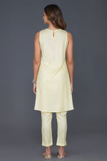 Lemon yellow cotton linen lurex sleeveless A-line kurta ONLY-Kurta-Fabnest