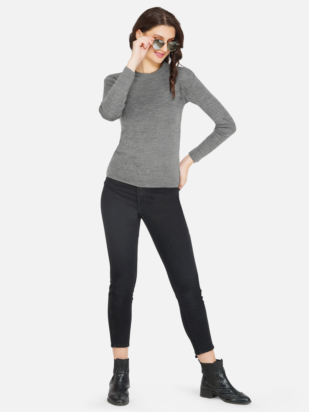 Fabnest winter acrylic grey round neck knitted sweater-Sweaters-Fabnest