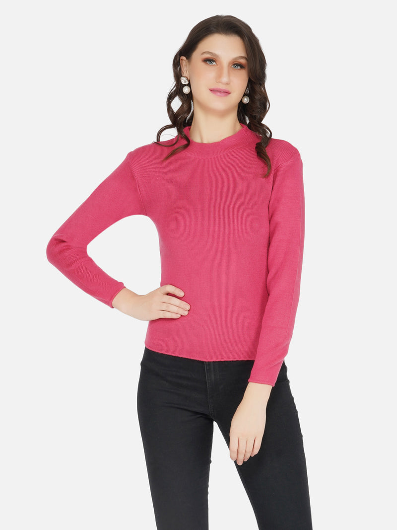 Fabnest winter acrylic hot pink round neck knitted sweater-Sweaters-Fabnest