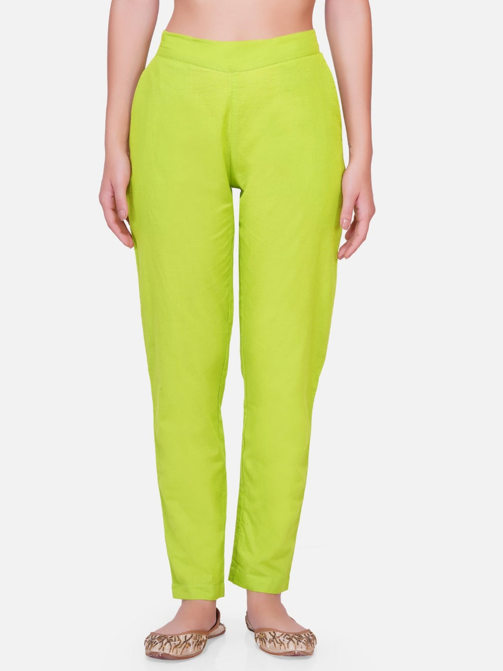 Cotton green solid tapered pants-Bottoms-Fabnest