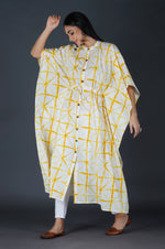 Womens Yellow Shibori Print With Tie Up Kaftaan ONLY-Kaftan-Fabnest