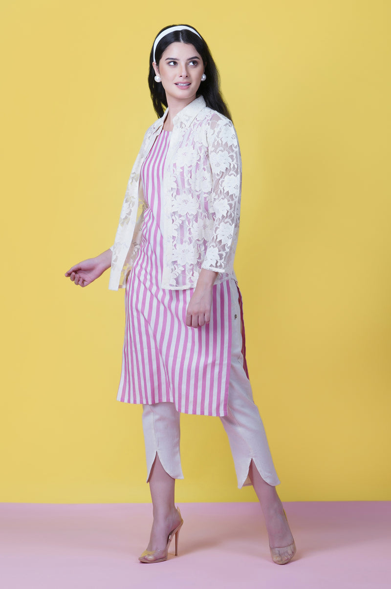 Sleeveless Pink Straight Kurta With a Lace Jacket And Harem Pant Full Sets-Full Sets-Fabnest
