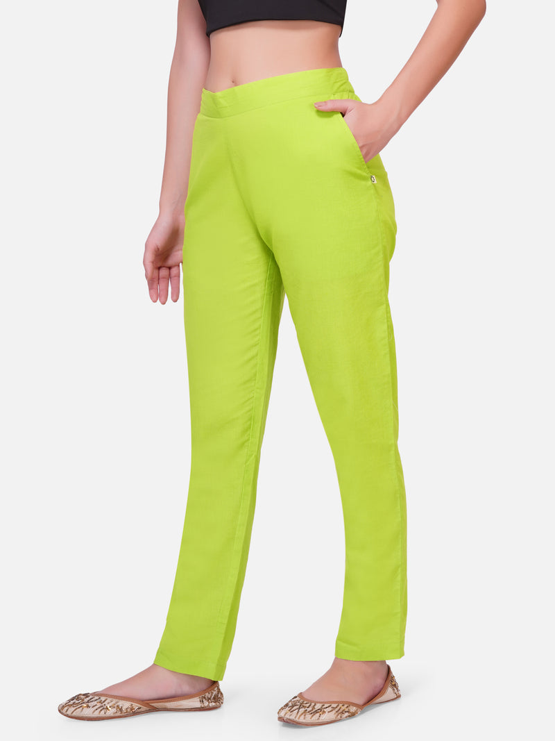 Buy KATLINE for Women Regular Fit Green Cream Colored Cotton Lycra Blend Cigarette  Trousers Pack of 2 Combo Set at Amazonin