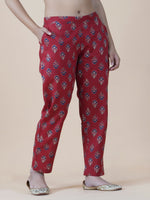 Cotton red ajrakh print straight pants-Bottoms-Fabnest