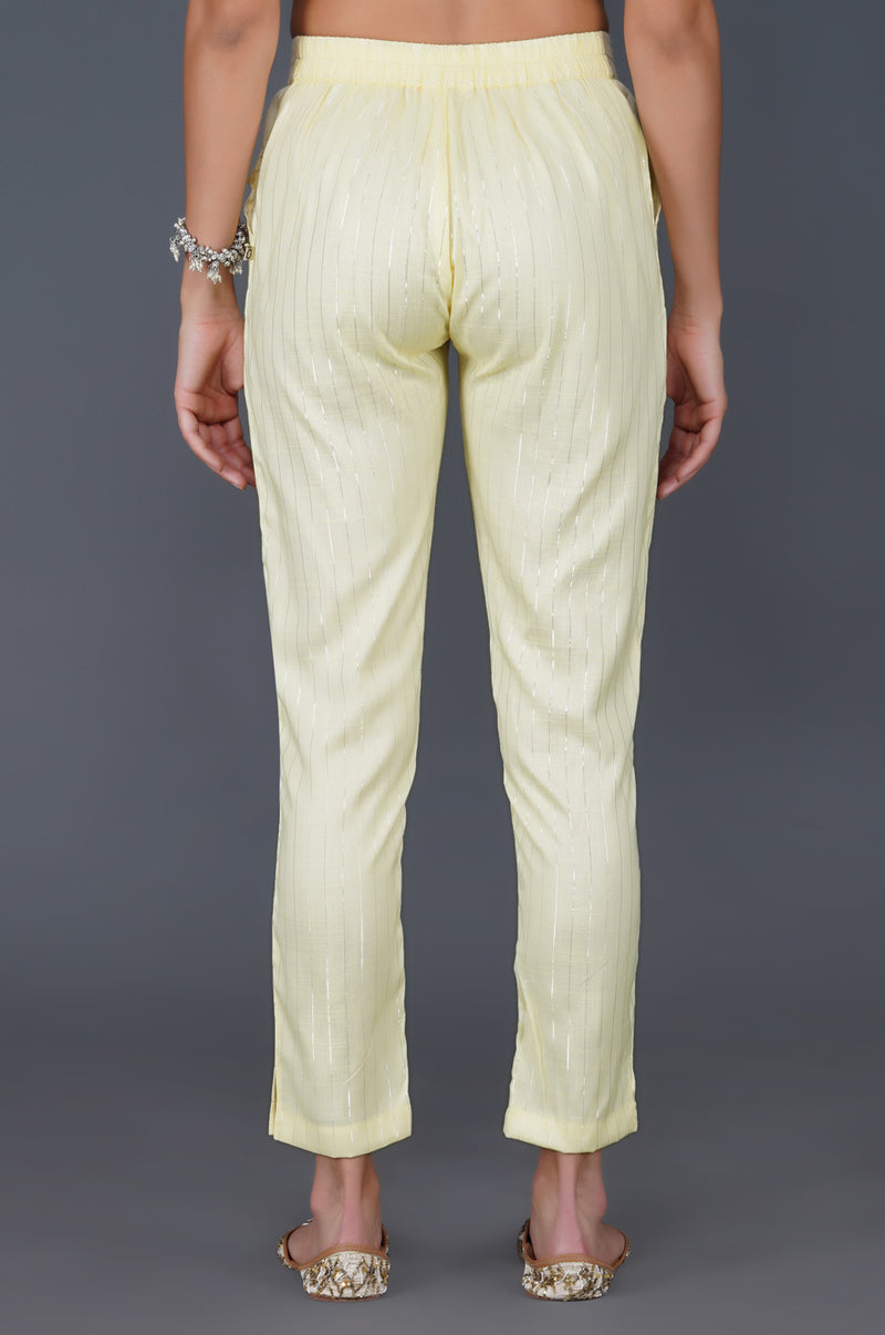 Lemon yellow cotton linen lurex straight pants with pockets-Bottoms-Fabnest