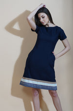 Navy blue cotton flex shift dress with contrast stripes at bottom hem-Dresses-Fabnest