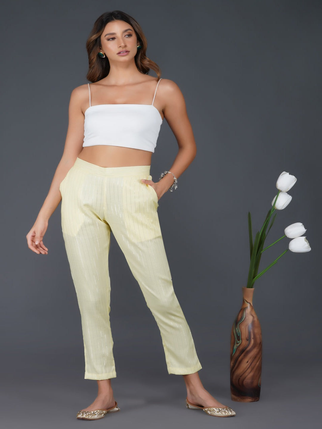 Lemon yellow cotton linen lurex straight pants with pockets – Fabnest