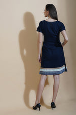 Navy blue cotton flex shift dress with contrast stripes at bottom hem-Dresses-Fabnest