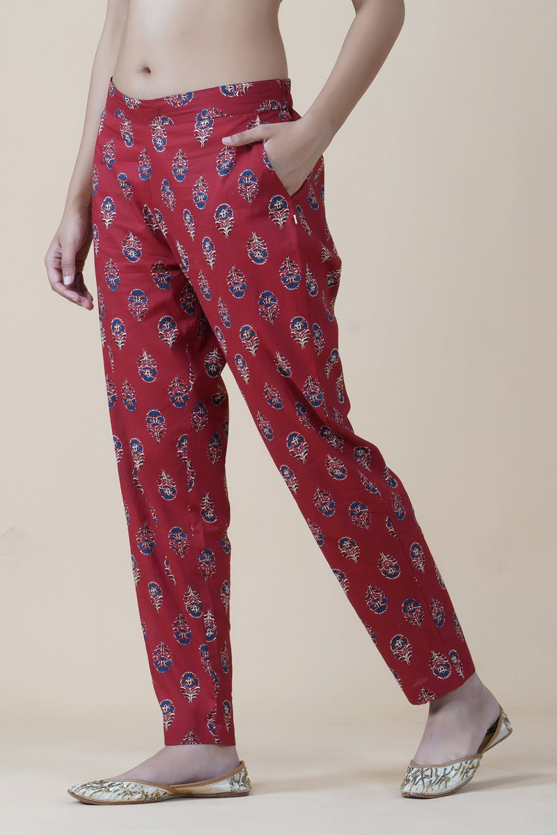 Cotton red ajrakh print straight pants-Bottoms-Fabnest
