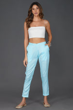 Sky blue cotton linen lurex straight pants with pockets-Bottoms-Fabnest