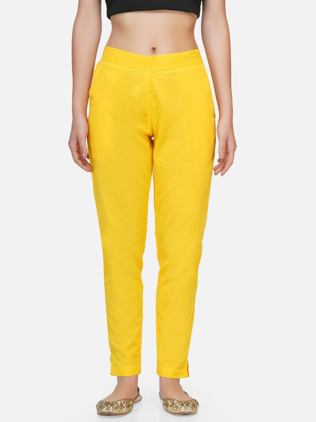 Yellow 100% Cotton Yarn Dyed Tapered Pant, Mid-rise Pant, Slim Fit