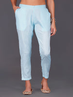 Sky blue cotton linen lurex straight pants with pockets-Bottoms-Fabnest