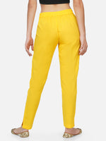 Yellow cotton solid tapered pants-Bottoms-Fabnest