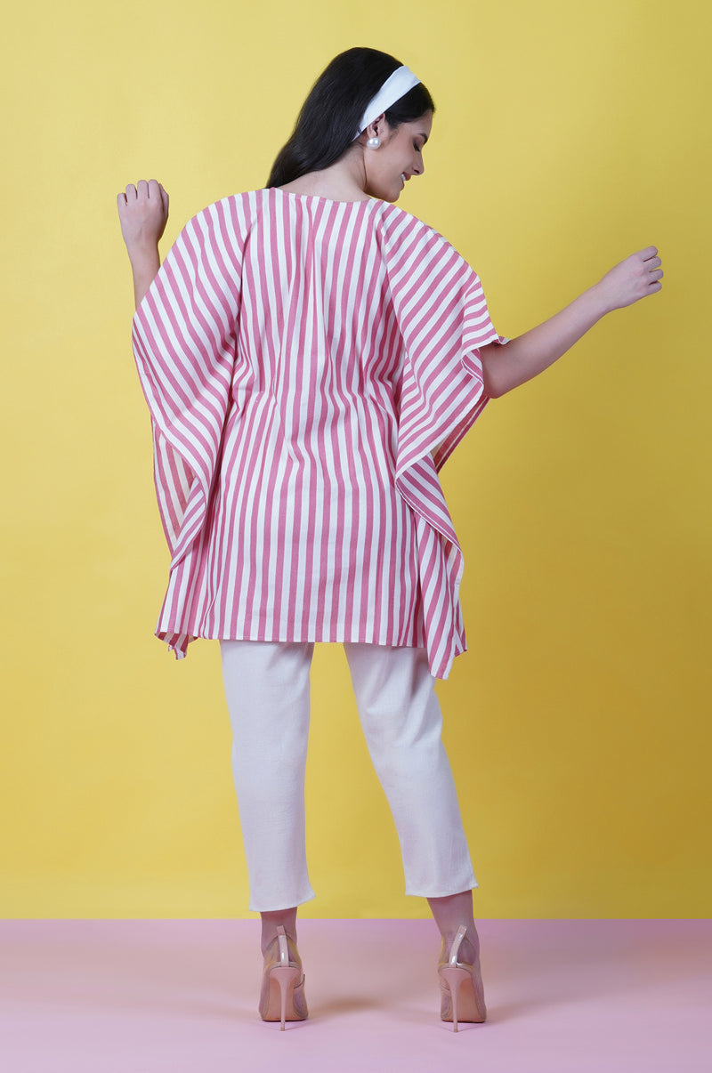 Red Stripe With A Tie Up Cotton Short Kaftaan ONLY-Kaftan-Fabnest