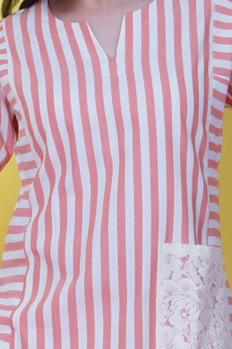 Orange Stripe With A Lace Pocket kurta ONLY-Kurta-Fabnest