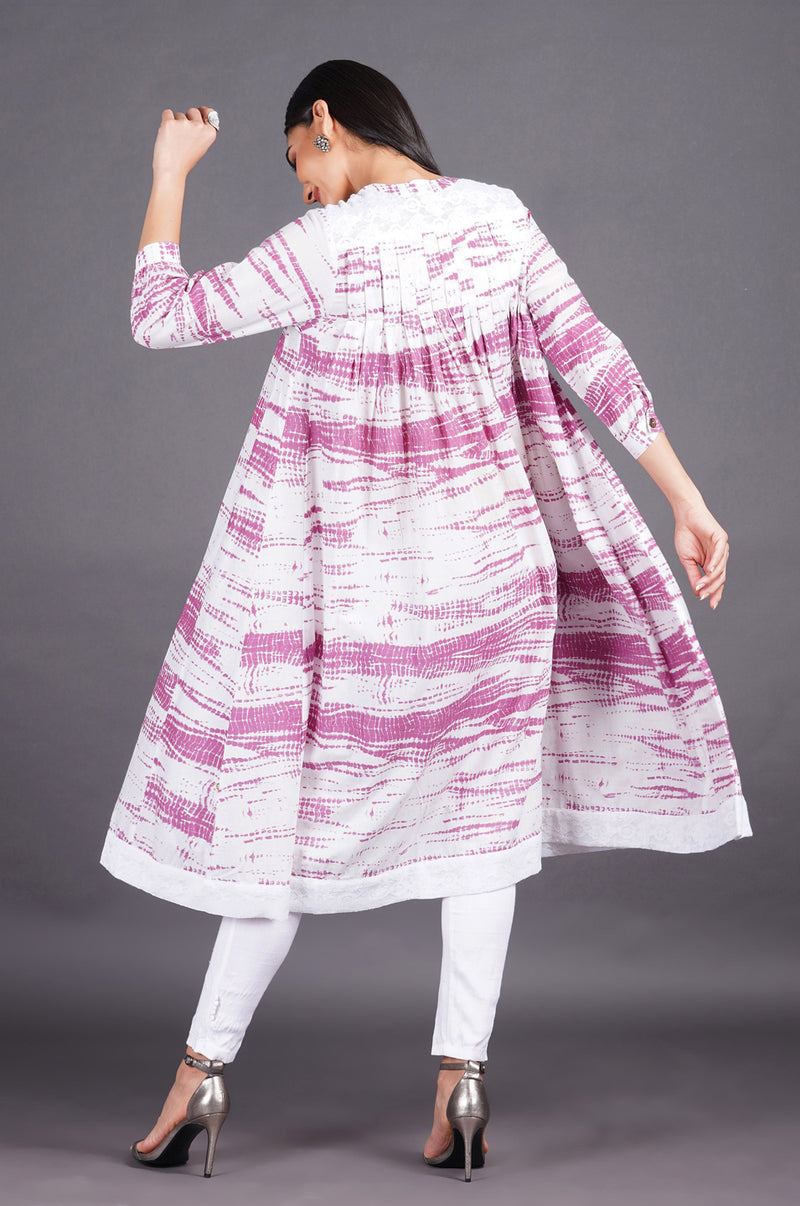 Womens Purple Shibori Print With Pleated Yoke With Lace Inserts At Hem Kurta ONLY-Kurta-Fabnest
