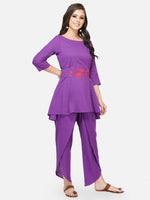 Cotton purple peplum tunic with a printed tie up paired with overlapping dhoti style pants-Kurta Set-Fabnest
