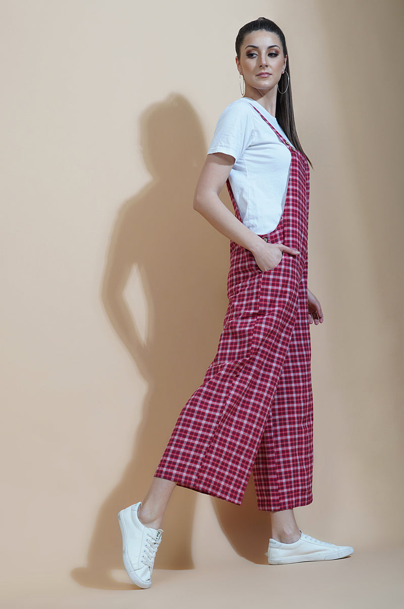 Red multi check loose fit cotton dungarees-Jumpsuit-Fabnest