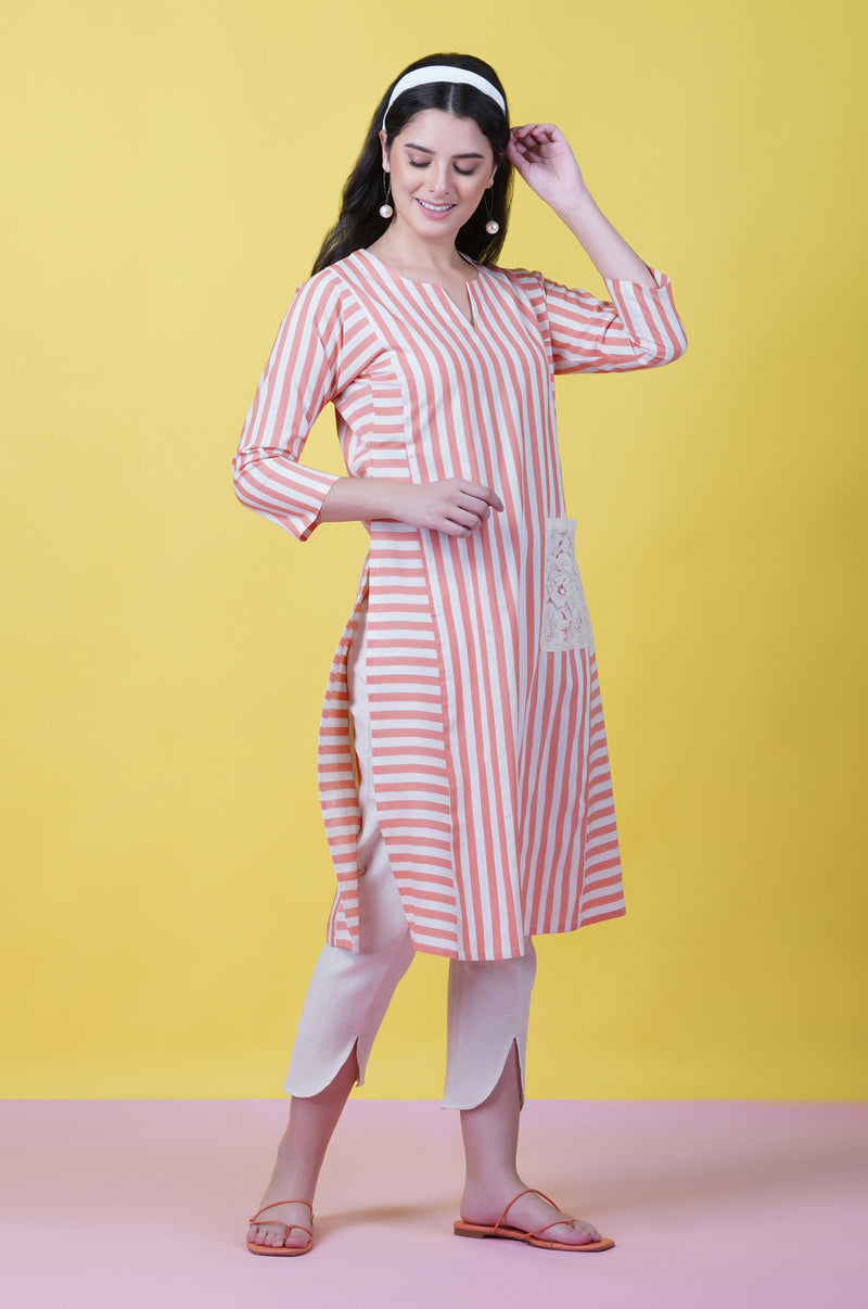 Orange Stripe Kurta With A Lace Pocket And Harem Pant Full Sets-Full Sets-Fabnest