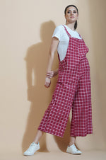 Red multi check loose fit cotton dungarees-Jumpsuit-Fabnest