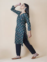 Green cotton ajrakh print with tagaai thread work at yoke straight kurta ONLY-Kurta-Fabnest
