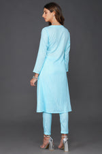 Sky blue cotton linen lurex angrakha and coordinated straight pants with pockets-Kurta Set-Fabnest