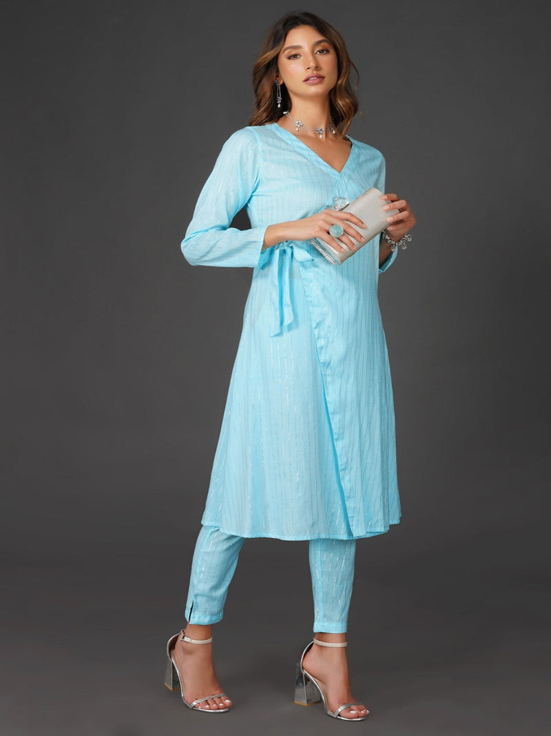 Sky blue cotton linen lurex angrakha and coordinated straight pants with pockets-Kurta Set-Fabnest