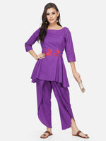 Cotton purple peplum tunic with a printed tie up paired with overlapping dhoti style pants-Kurta Set-Fabnest