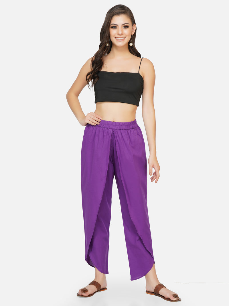 Cotton purple solid overlapping dhoti style pants-Bottoms-Fabnest