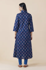 Navy blue ajrakh print with long front slit, tassles and sleeve inserts in contrast print tunic kurta ONLY-Kurta-Fabnest