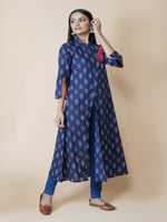 Navy blue ajrakh print with long front slit, tassles and sleeve inserts in contrast print tunic kurta ONLY-Kurta-Fabnest