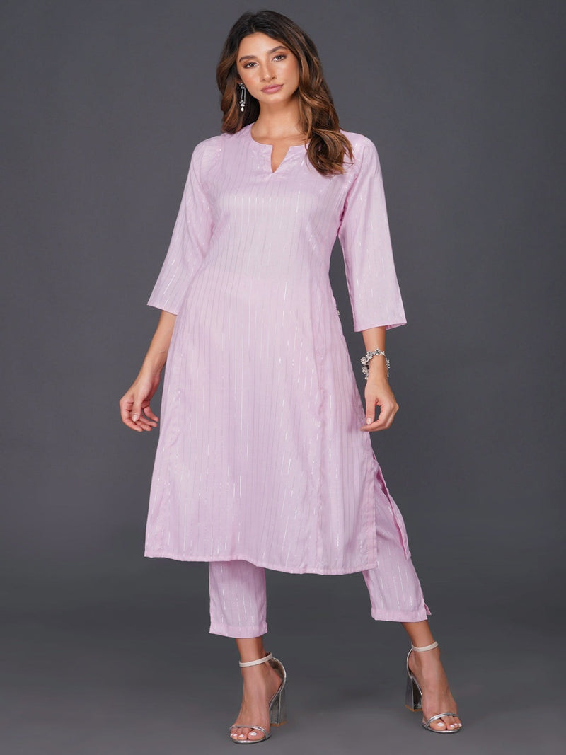 Candy pink cotton linen lurex straight loose fit kurta and coordinated lurex straight pants with pockets-Kurta Set-Fabnest