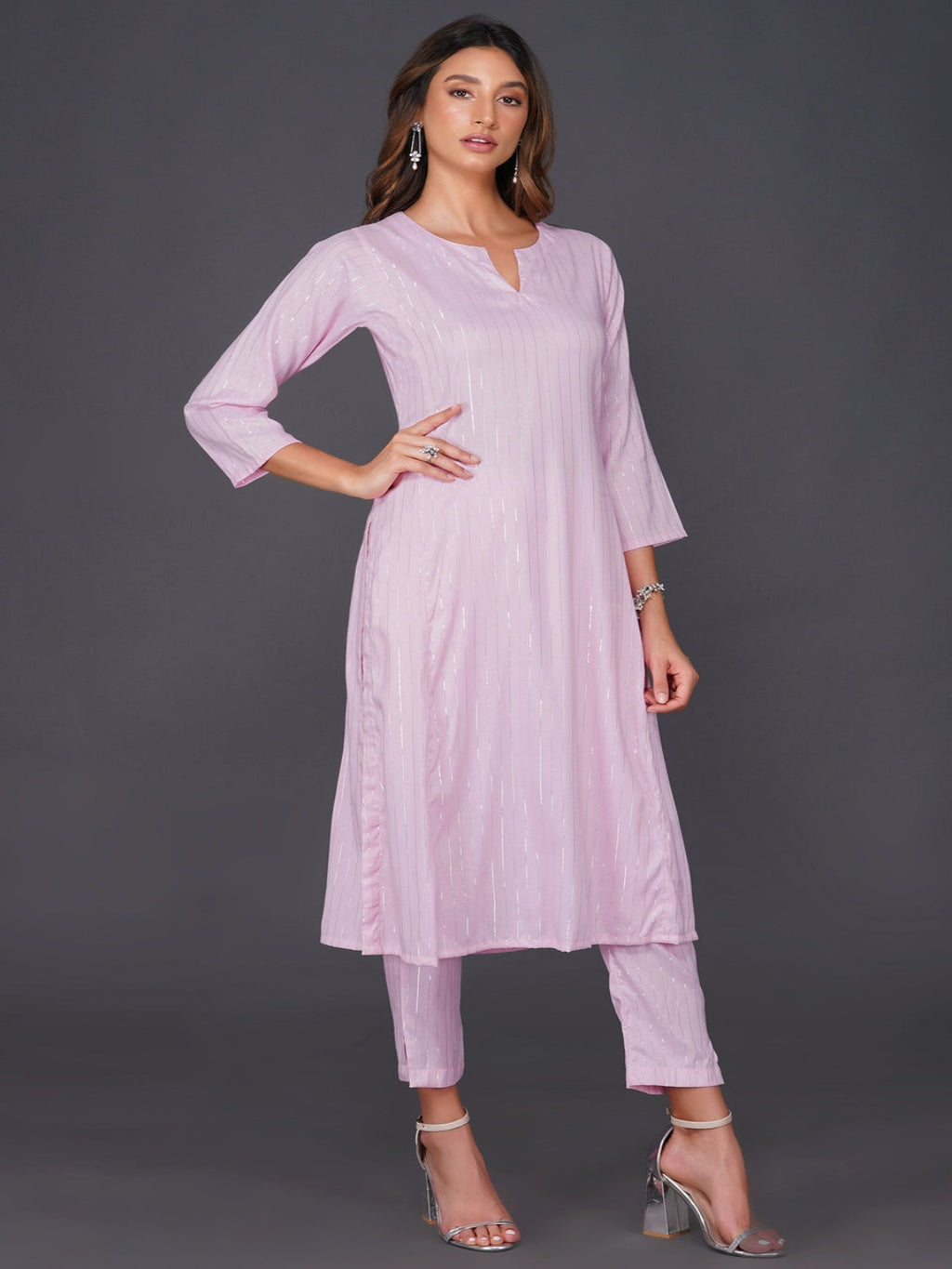 Candy pink cotton linen lurex straight loose fit kurta ONLY-Kurta-Fabnest