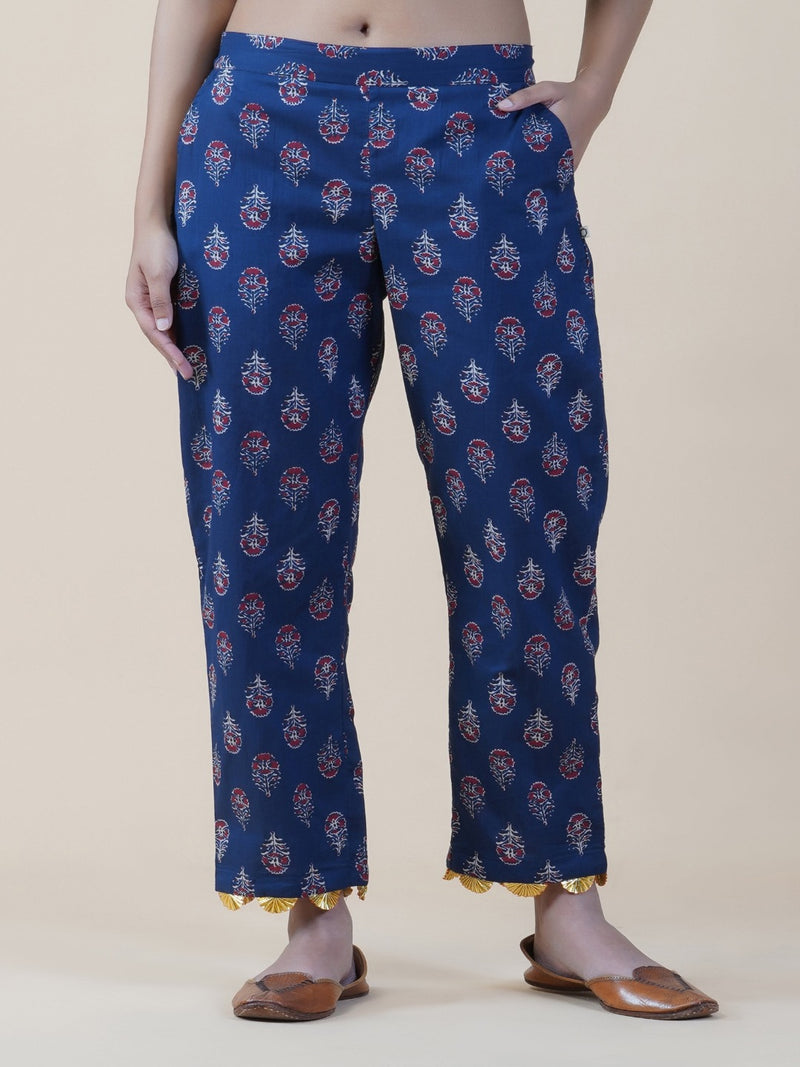 Cotton ajrakh print straight pants with gota flowers at bottom hem-Bottoms-Fabnest
