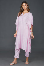 Cotton linen lurex candy pink kaftaan and coordianted straight pants with pockets-Kurta Set-Fabnest