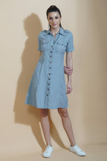 Cotton flex blue shirt dress-Dresses-Fabnest