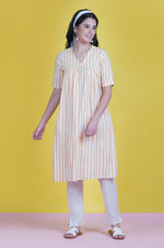 Yellow And White Stripe With Gathers V Neck Kurta ONLY-Kurta-Fabnest