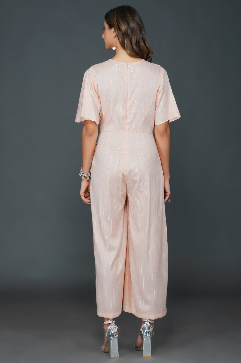 Peach cotton linen lurex jumpsuit with pockets-Jumpsuit-Fabnest