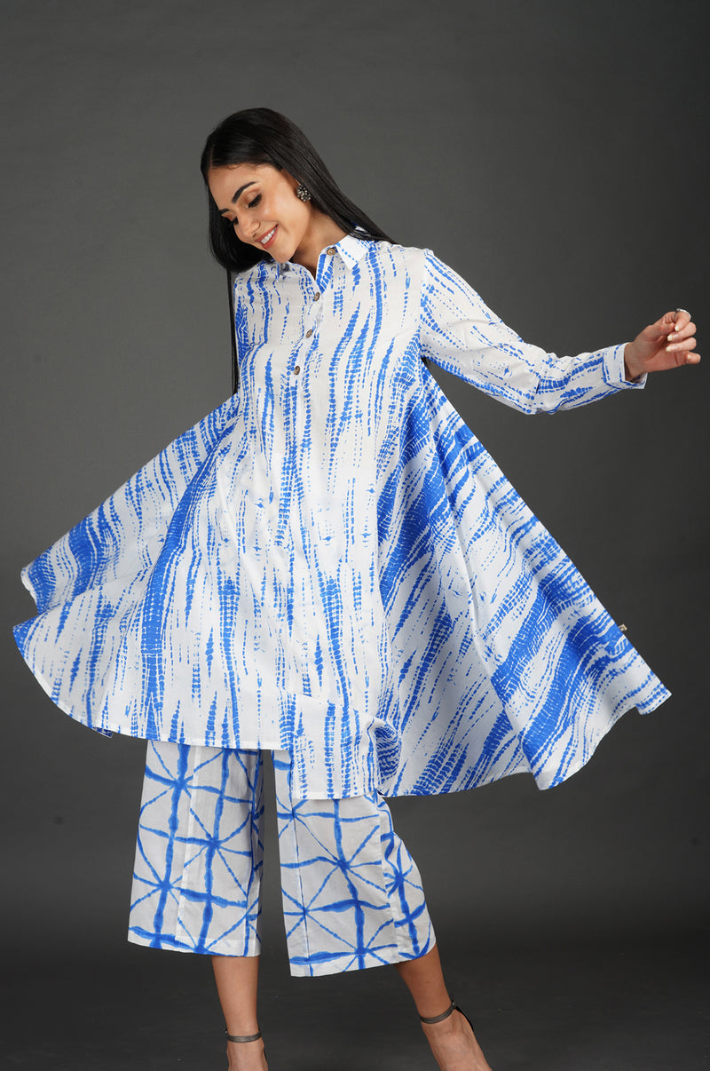 Womens Blue Shibori Print Asymmetrical Kurta With Straight Pants-Full Sets-Fabnest